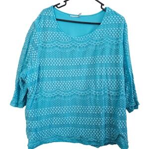 Turquoise Blue Lace Overlay Scoop Neck 3/4 Sleeve Blouse Top